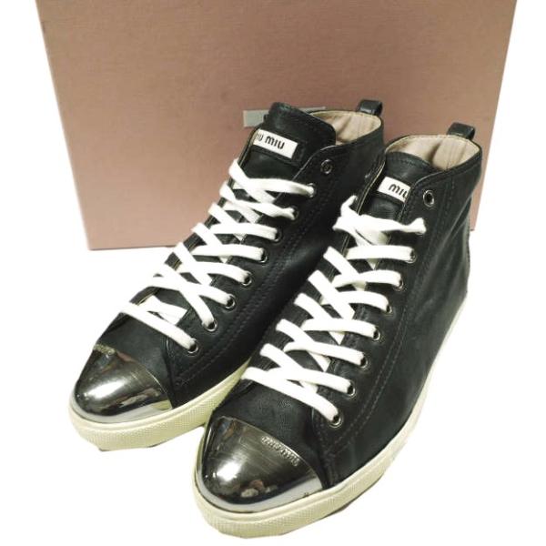 MIU MIU ミュウミュウ メタリックトゥ スムースレザー ミドルカットスニーカー 5T9556 ...