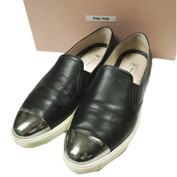 MIU MIU ミュウミュウ メタリックトゥ レザースリッポン 5S9563 38(25cm) BL...