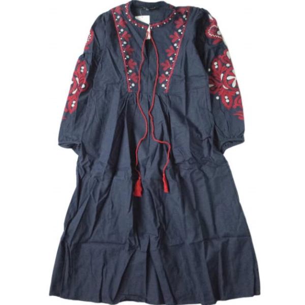 新品 no brand ノーブランド 刺繍デザイン シャツワンピース L ネイビー チュニック ロン...