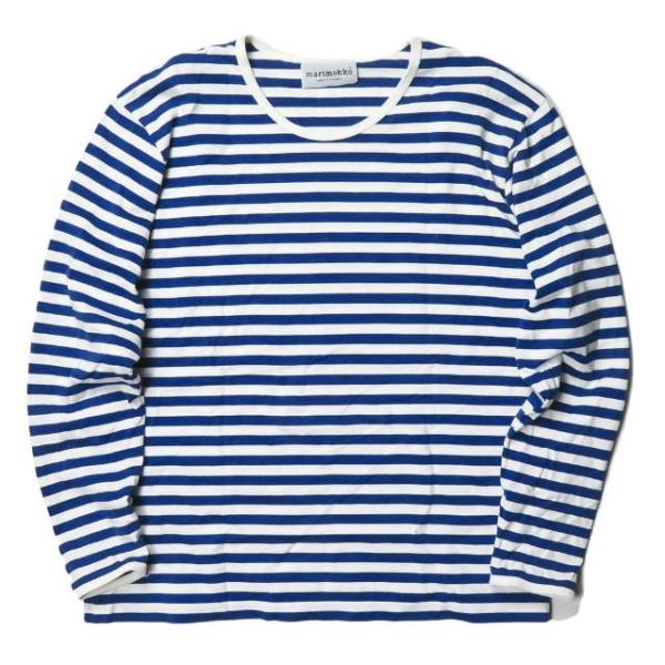 マリメッコ marimekko フィンランド製 ボーダーロングスリーブTシャツ M ホワイト/ブルー...