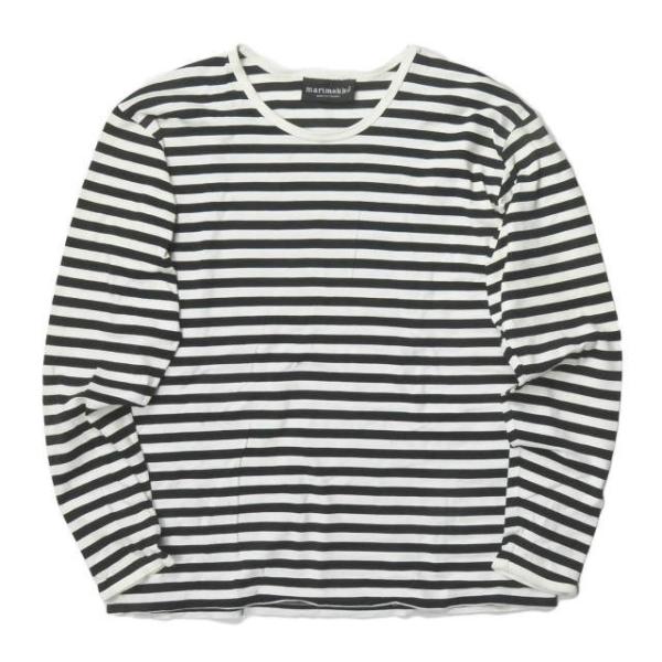 マリメッコ marimekko フィンランド製 ボーダーロングスリーブTシャツ M ホワイト/ブラッ...