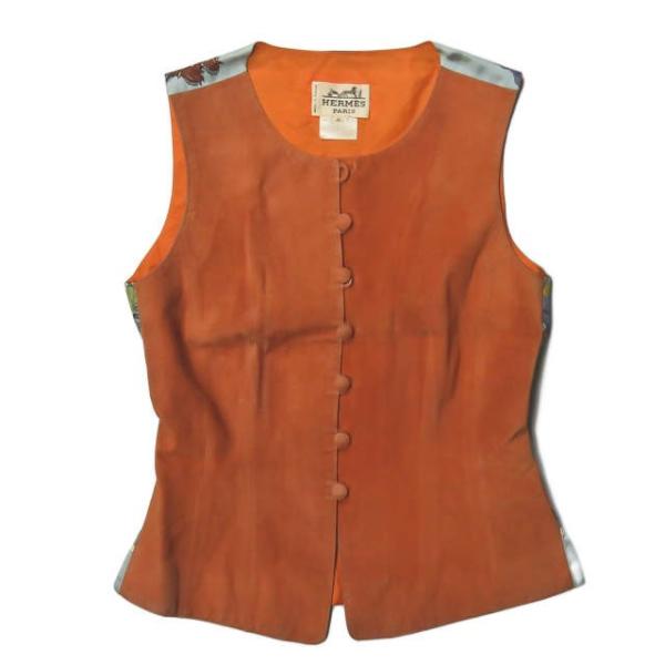 エルメス HERMES フランス製 馬車柄プリント スエードシルクベスト 36 オレンジ ジレ トッ...