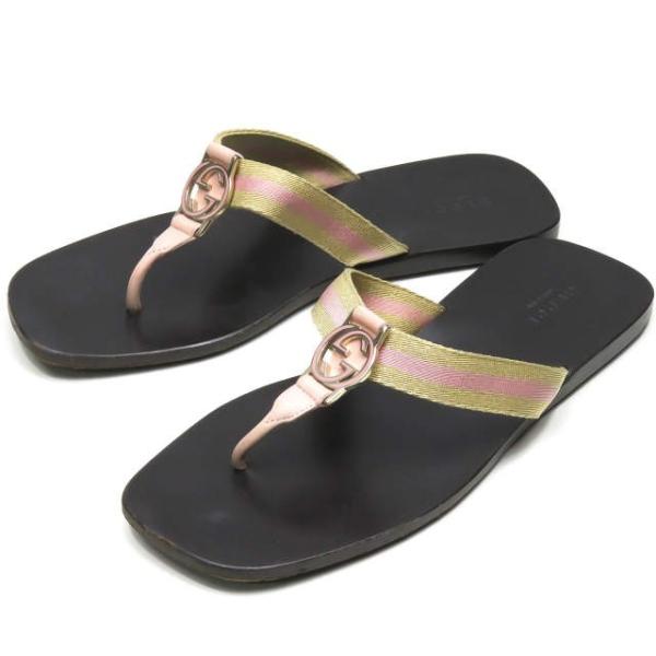 グッチ GUCCI イタリア製 ダブルG レザートングサンダル 24cm程度 ダークブラウン/ピンク...