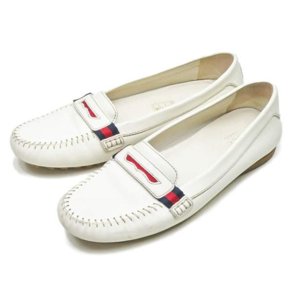 グッチ GUCCI イタリア製 レザードライビングシューズ 35.5(22.5cm) オフホワイト ...