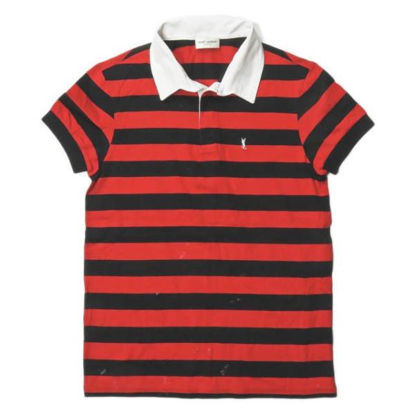 サンローランパリ SAINT LAURENT PARIS イタリア製 ロゴ刺繍 コットンボーダーポロ...