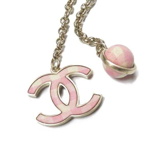 シャネル CHANEL イタリア製 ココマーク ギンガムチェック チェーンネックレス ゴールド/ピン...
