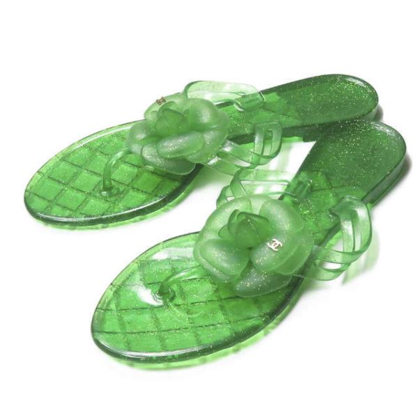 シャネル CHANEL イタリア製 カメリア フラワーラバートングサンダル 39 グリーン ラメ シ...