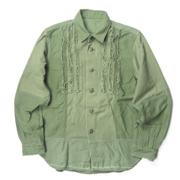 インク ink 日本製 Ruffle Shirts ラッフルシャツ M オリーブ 長袖 リメイク ミ...