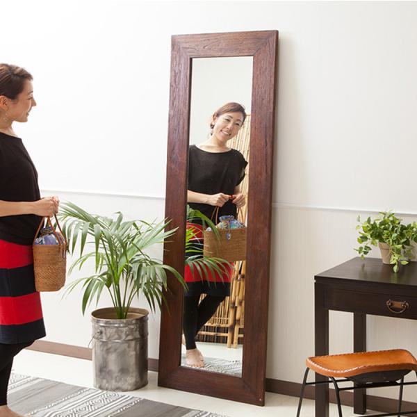 鏡 ミラー L アンティーク インテリア アジアン チーク材