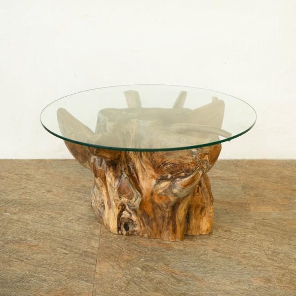 チーク無垢材 原木ローテーブル 切り株テーブル 無垢 木の根 ガラス天板 幅80cm アジアン家具 ...