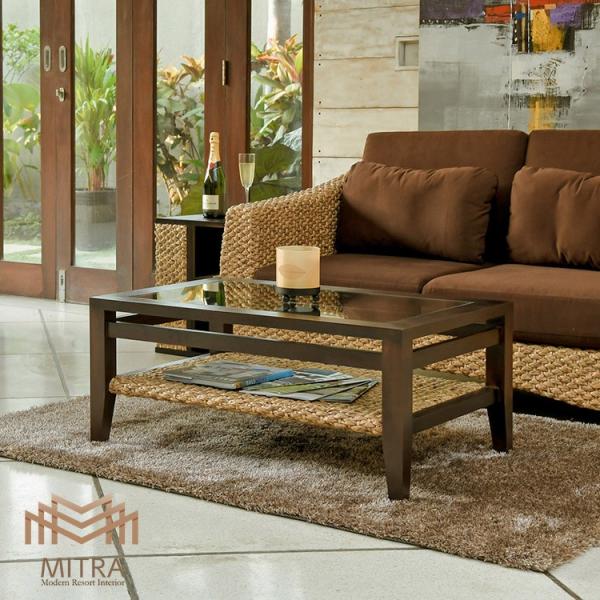 ウォーターヒヤシンス ローテーブル アジアン家具 W90cm ガラステーブル 高級 マホガニー おし...