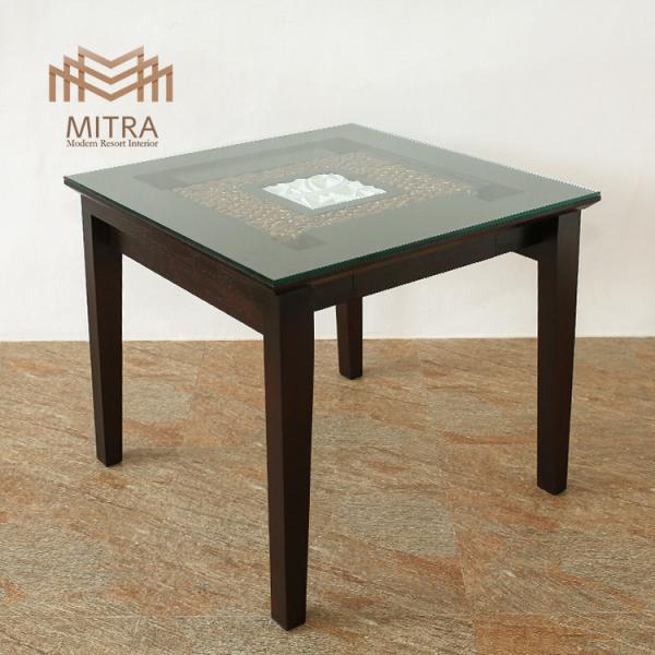 ウォーターヒヤシンス ダイニングテーブル ガラス天板 W80cm アジアン家具 引出し付 ストーン彫...