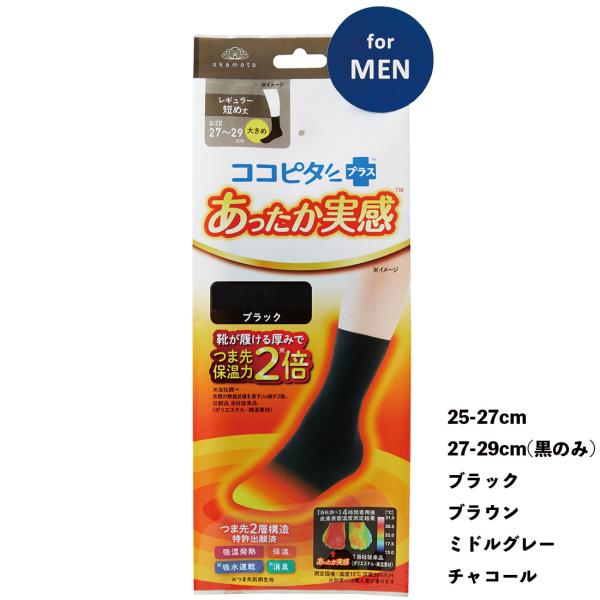 あったか実感 メンズ 無地 レギュラー短め丈 ソックス 25-27cm 27-29cm 黒他全4色 ...