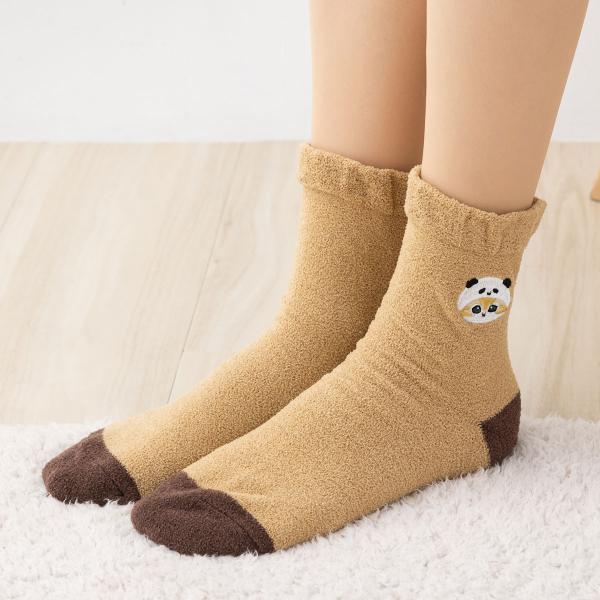 mofusand  パンダ刺繍 ベロアクルーソックス ベージュ 23-25cm レディース 靴下 モ...