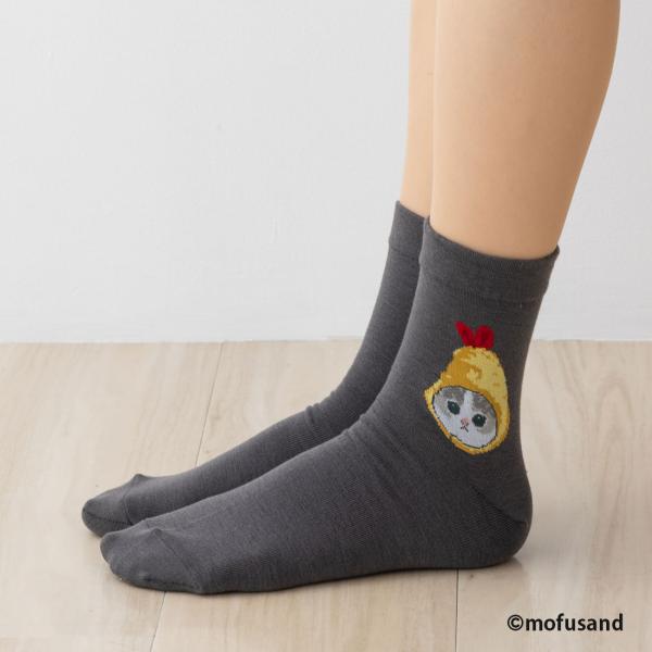 mofusand えびにゃん ロークルーソックス 23-25cm チャコールグレー レディース 靴下...