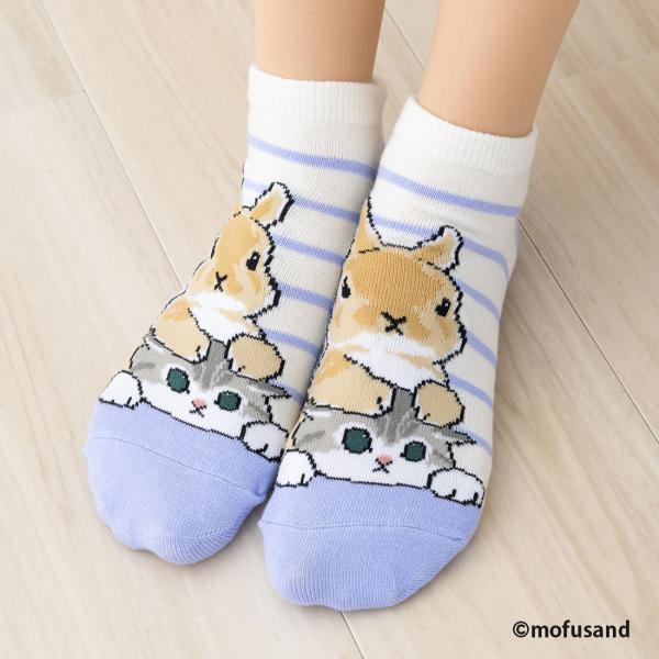 mofusand アンクルウサギ柄 ボーダー スニーカー丈ソックス 23-25cm パープル レディ...