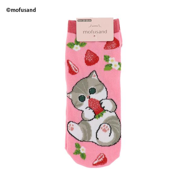 mofusand いちごパク柄 ピンク スニーカー丈ソックス 23-25cm 靴下 レディース モフ...