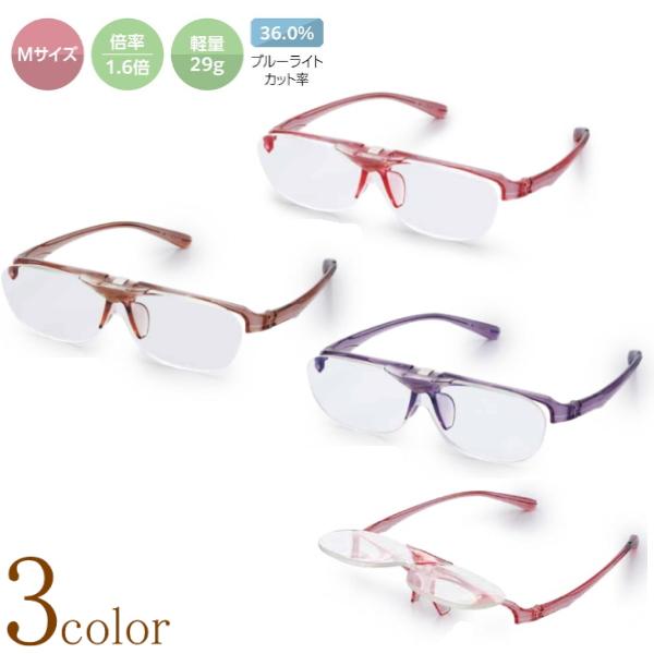 1.6倍 メガネルーペ Mサイズ 拡大鏡メガネ 跳ね上げ ブルーライトカット パソコン用PCメガネ ...