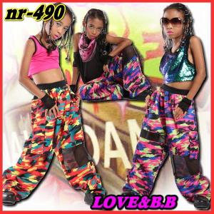 キッズ ダンス 衣装 膝メッシュ迷彩柄 ロングカーゴパンツ