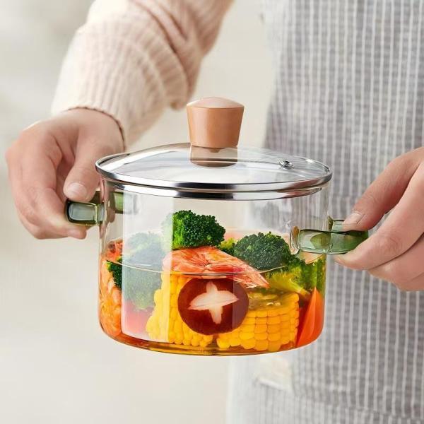 耐熱 ガラス 鍋 直火で使える ガラス 鍋 ガラス鍋透明ガラススープ鍋 家庭料理 木製フタ付き 取っ...