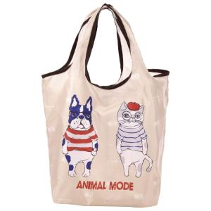 軽量 エコバッグ アニマルモード柄 ベージュ Sサイズ 犬柄 猫柄 ねこ柄 ネコ ねこ 軽い 薄い コンパクト エコバック 手提げ袋 コンビニ袋 弁当袋 クスグル A倉庫