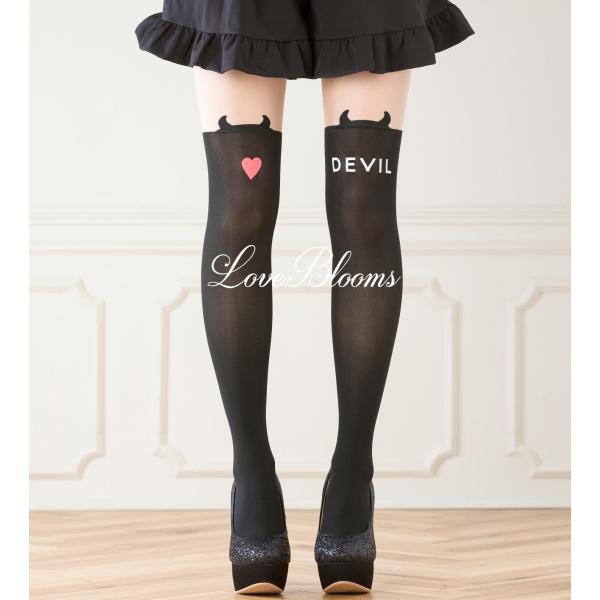 フェイクニーハイ ストッキング  黒 ブラック デビルデザイン レディース タイツ 美脚 ニーハイ ...