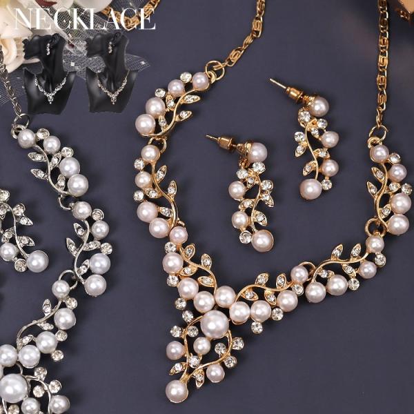 パールネックレス ピアスセット 結婚式 発表会 フォトウエディング リーフデザイン ラインストーン ...