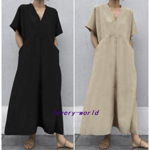 2色4サイズ2021夏新入荷韓国ファッション中長丈リネン/ゆったり/Vネック/短袖/ワンピース/カジュアルワンピ/ポケット