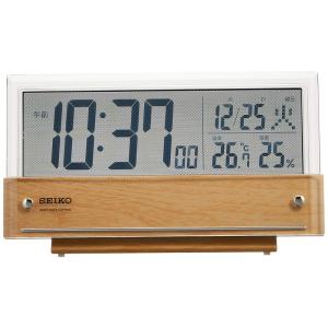 セイコークロック 置き時計 目覚まし時計 電波 デジタル カレンダー 温度湿度表示 シースルー液晶 薄茶木目模様 本体サイズ:10.7×19｜lr-store