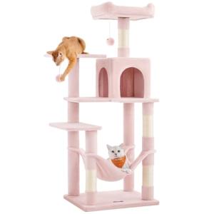 FEANDREA キャットタワー スリム 猫タワー ハンモック 耐荷重15kg 大型猫用 おしゃれ 多頭飼い 爪とぎ 天然サイザル麻紐 高さ14