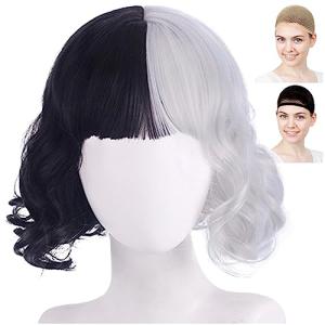 CaseEden コスプレ ウィッグ ショート カーリーヘア 35cm 黒髪＆銀髪 WIG6016