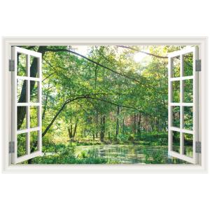 ウォールステッカー 森林 窓枠 日本製 木 新緑 山 湖 沼 植物 自然 壁紙 シール ポスター 絵画 お風呂 浴室 DIY リフォーム リメイク