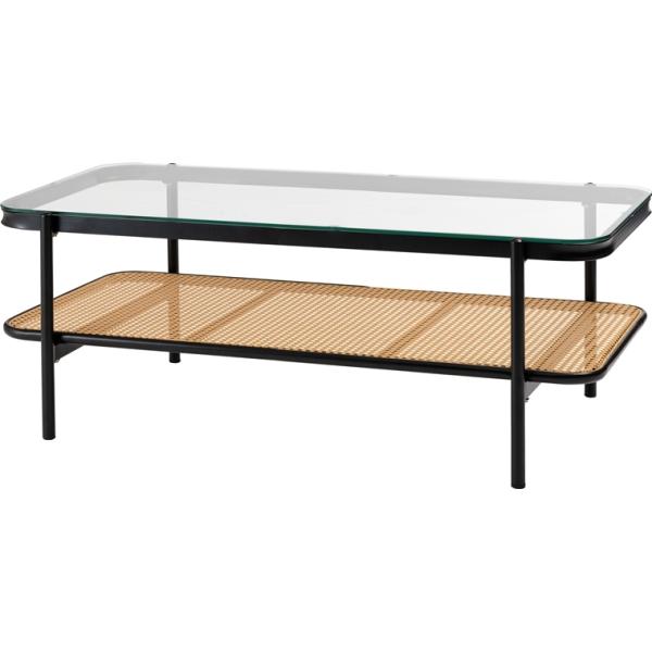 センターテーブル リビングテーブル/ラタン調 天板ガラス/レトロモダン/幅110 高さ40.5