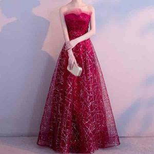 ロングドレス イブニングドレス 赤の素敵なベアトップ レース 20代 30代 40代｜luceo-dress
