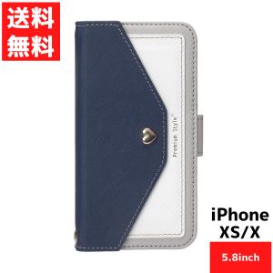 iPhone XS X用 フリップ カバー スクエア型ポケット ネイビー アイフォン スマホ ケース 手帳型｜lucky-happy