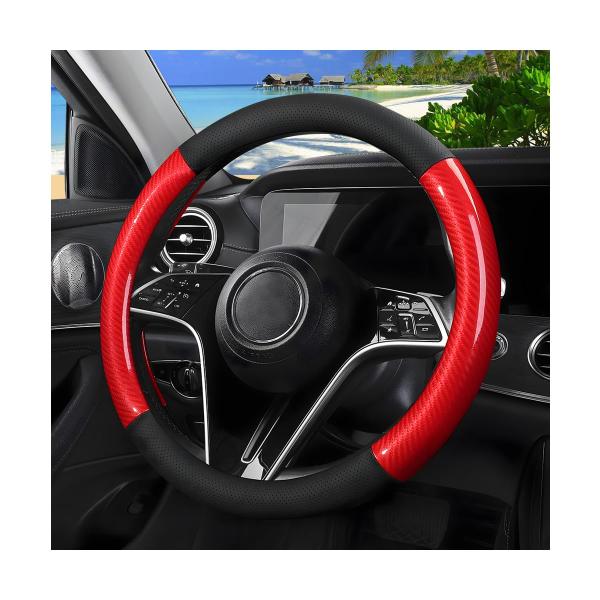 【並行輸入品】TNAIYH カーボンファイバーカーハンドルカバー、15インチレザー通気性滑り止め車両...