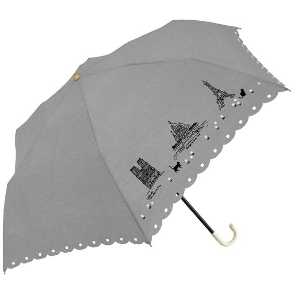 ☆ パリの猫とスカラップ/グレー ☆ ブラックコーティング晴雨兼用 50cm 折りたたみ傘 折りたた...