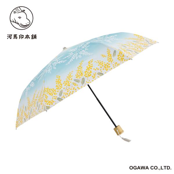 ☆ ミモザ/水色 ☆ 河馬印本舗 晴雨兼用折りたたみ日傘 50cm 折りたたみ傘 レディース かわい...