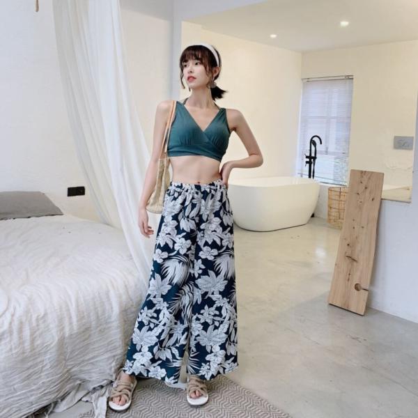 ☆ G×グリーン ☆ M ☆ 体型カバー水着 ワイドパンツ 3点セット 水着 体型カバー ビキニ セ...