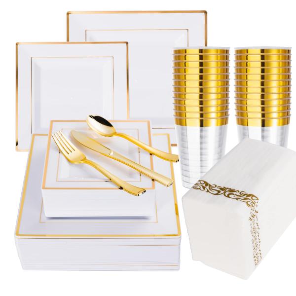 N9R 50 Guest Gold Dinnerware Set 100 White Square ...