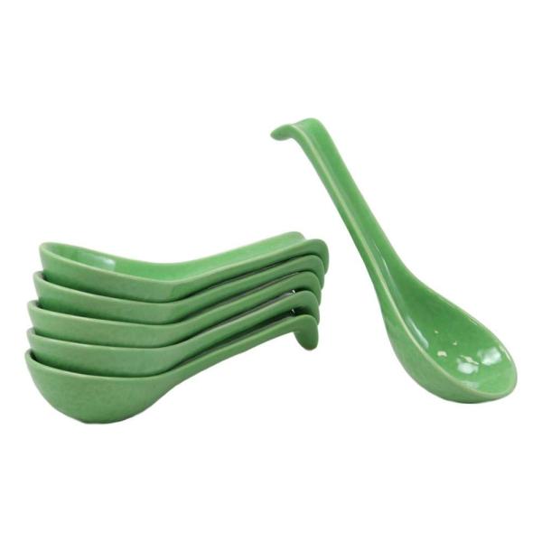 Set Of 6 Glossy Green Porcelain Ceramic Soup Spoon...