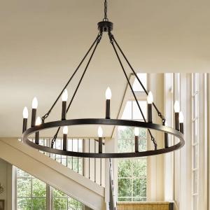 BAOURE Candle Style Wagon Wheel Chandelier Black 12 Light, Round 並行輸入品｜lucky39