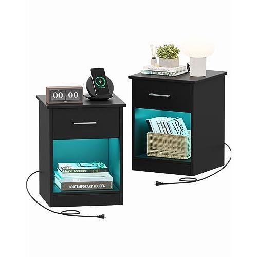 Reettic Set of 2 Nightstand with Power Outlets and...