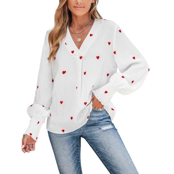 CUPSHE Women Blouses Embroidered Heart Gauze Top V...