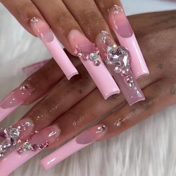 Coffin Fake Nails Long Press on Nails Rhinestones ...