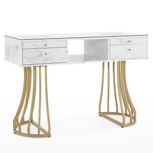 BarberPub Simple&Storage Manicure Table with Glass, Marbling Tex 並行輸入品