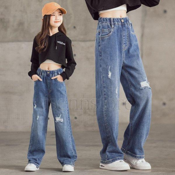 子供服 デニムパンツ 韓国子供服 女の子 ロングパンツ 長ズボン ウエストゴム ローズ ワイドパンツ...