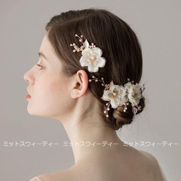 ウェディング 結婚式 二次会 ヘアコサージュ ヘアアクセサリー オフホワイト ゴールド フラワー 花...