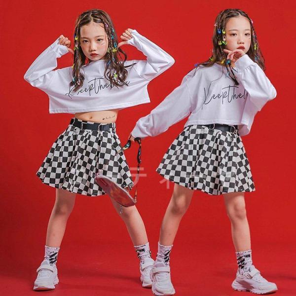 キッズダンス衣装 キッズ へそ出し トップス スカート 女の子 セット ダンス衣装 チェック柄 ヒッ...