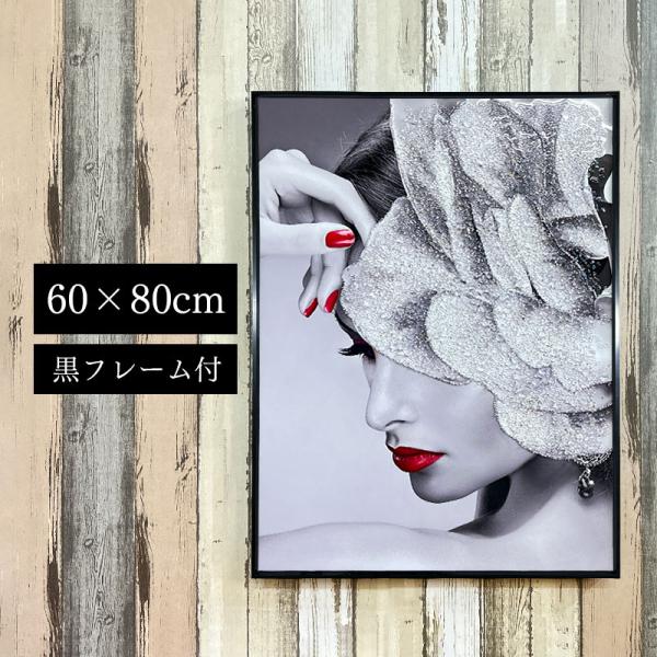 水晶パネル アートパネル 水晶絵 60×80cm 黒フレーム付き 女性 人物 クリスタル 絵 イラス...